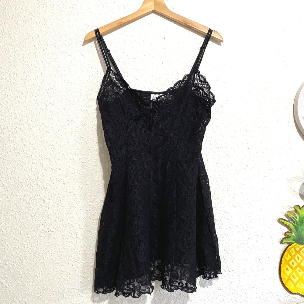 Delicates Black Floral Lace Slip Dress Mini Nightgown Medium witch babydoll goth
